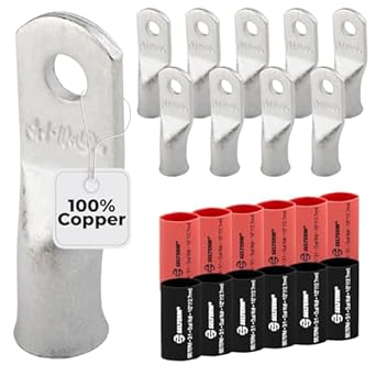 4 AWG (4 Gauge) #10 Stud, Tinned Copper Battery Cable Ends, Wire Lugs, Marine Grade, MD0410P