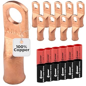 6 AWG (6 Gauge) 1/4" Stud, Bare Copper Battery Cable Ends, Wire Lugs, Heavy Duty, MD0614U