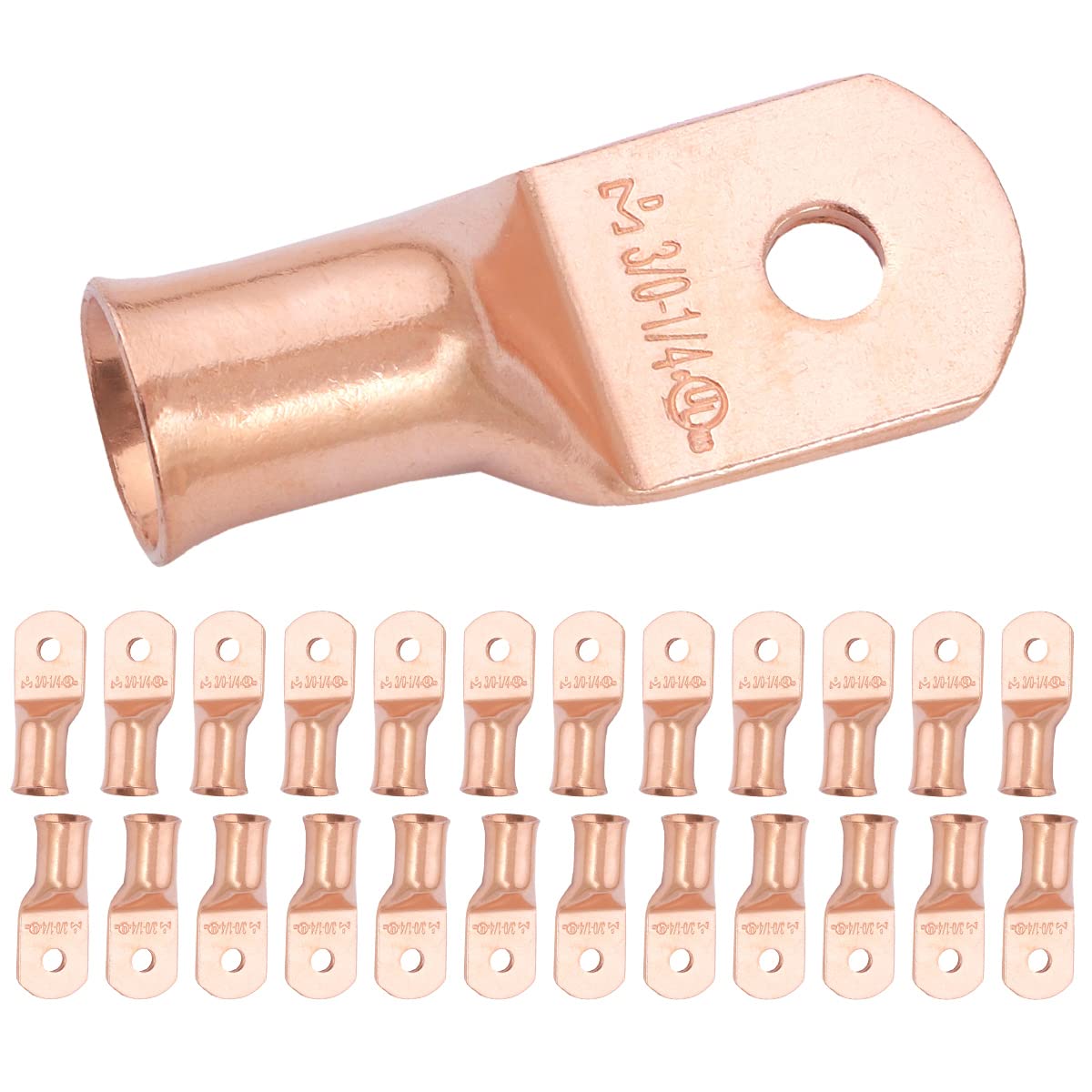 3/0 AWG (000 Gauge) 1/4" Stud, Bare Copper Battery Cable Ends, Wire Lugs, Heavy Duty, MD3014U