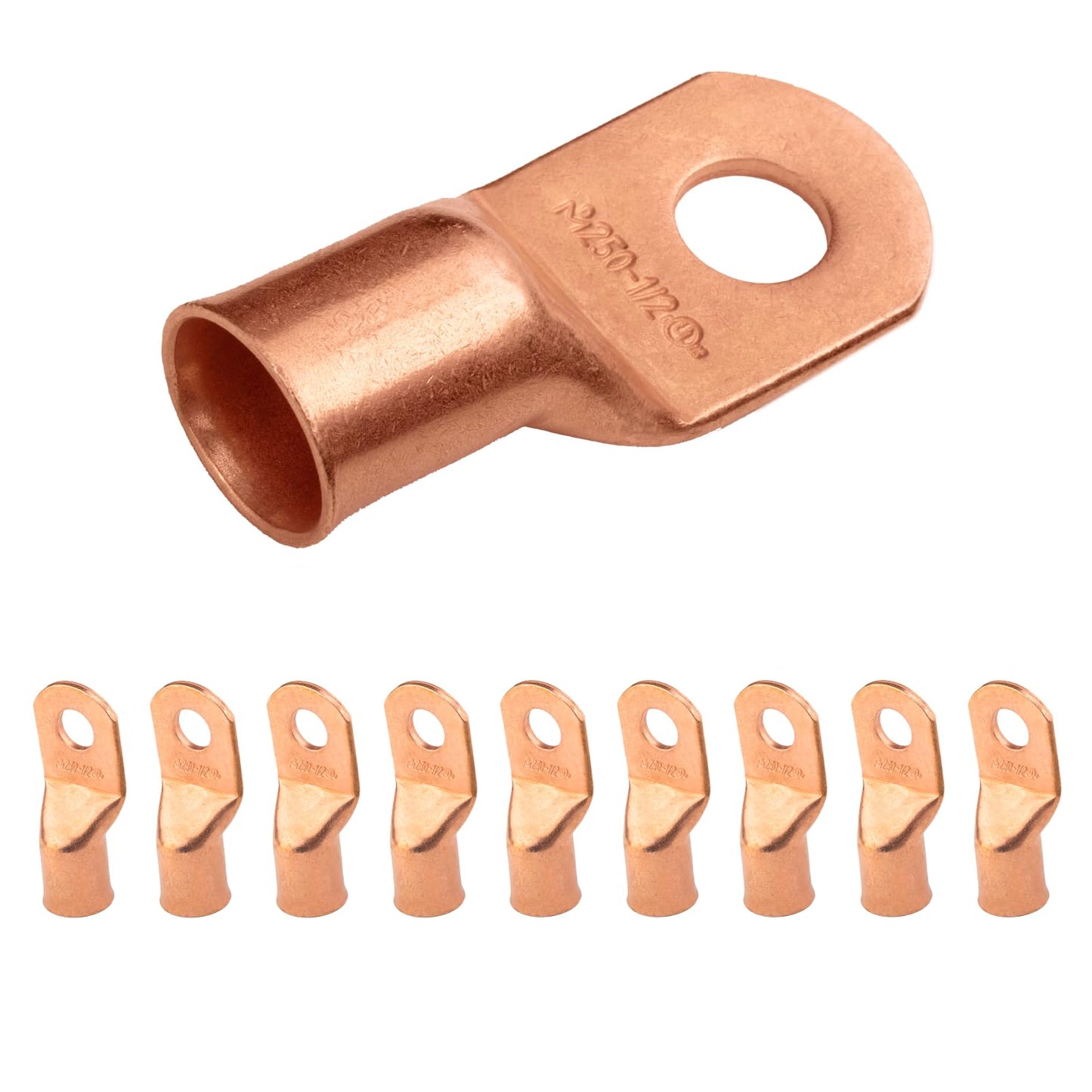 250 MCM, 1/2" Stud, Bare Copper Battery Cable Ends, Wire Lugs, Heavy Duty, MD25012U