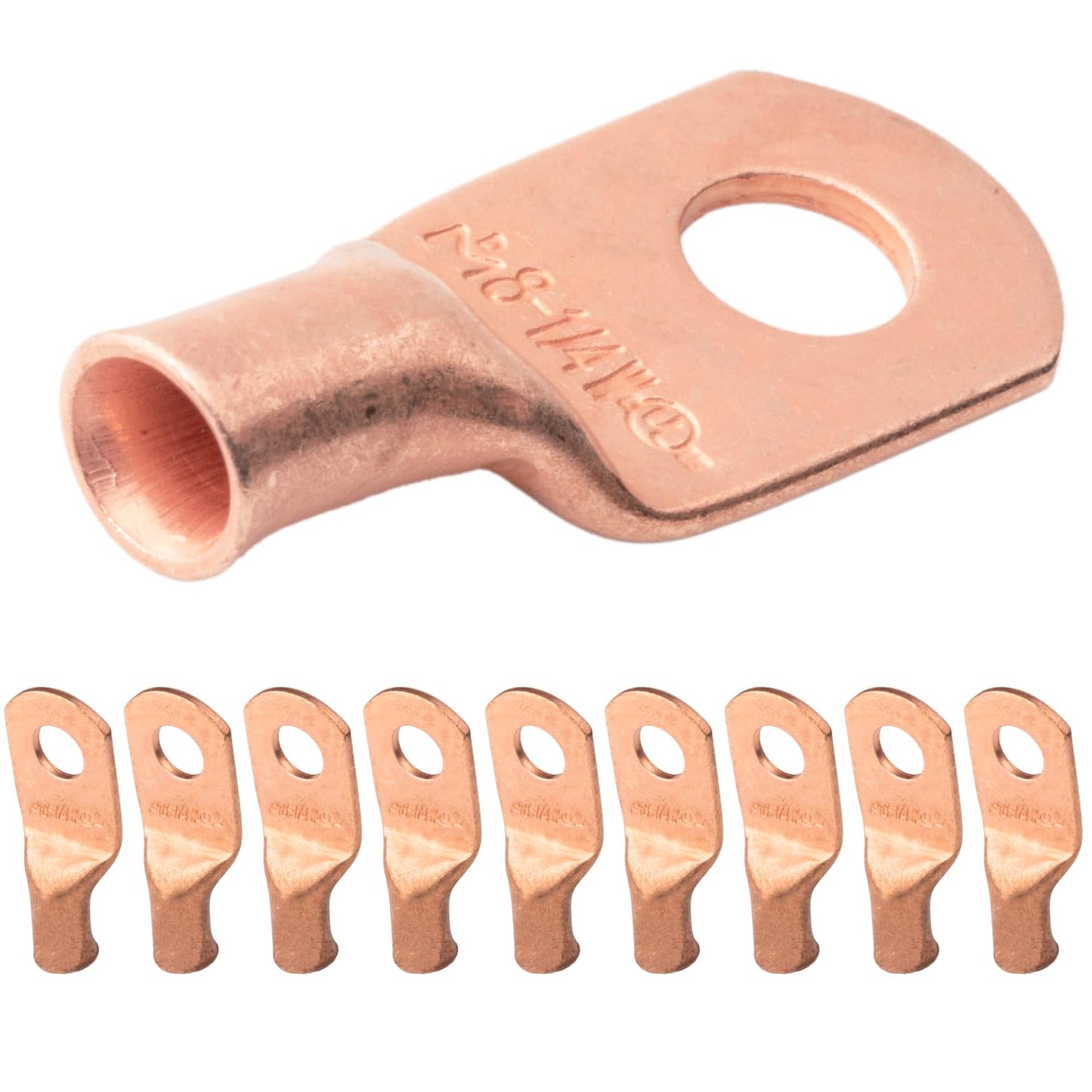 8 AWG (8 Gauge) 1/4" Stud, (Wide Pad) Bare Copper Battery Cable Ends, Wire Lugs, Heavy Duty, MD0814UW