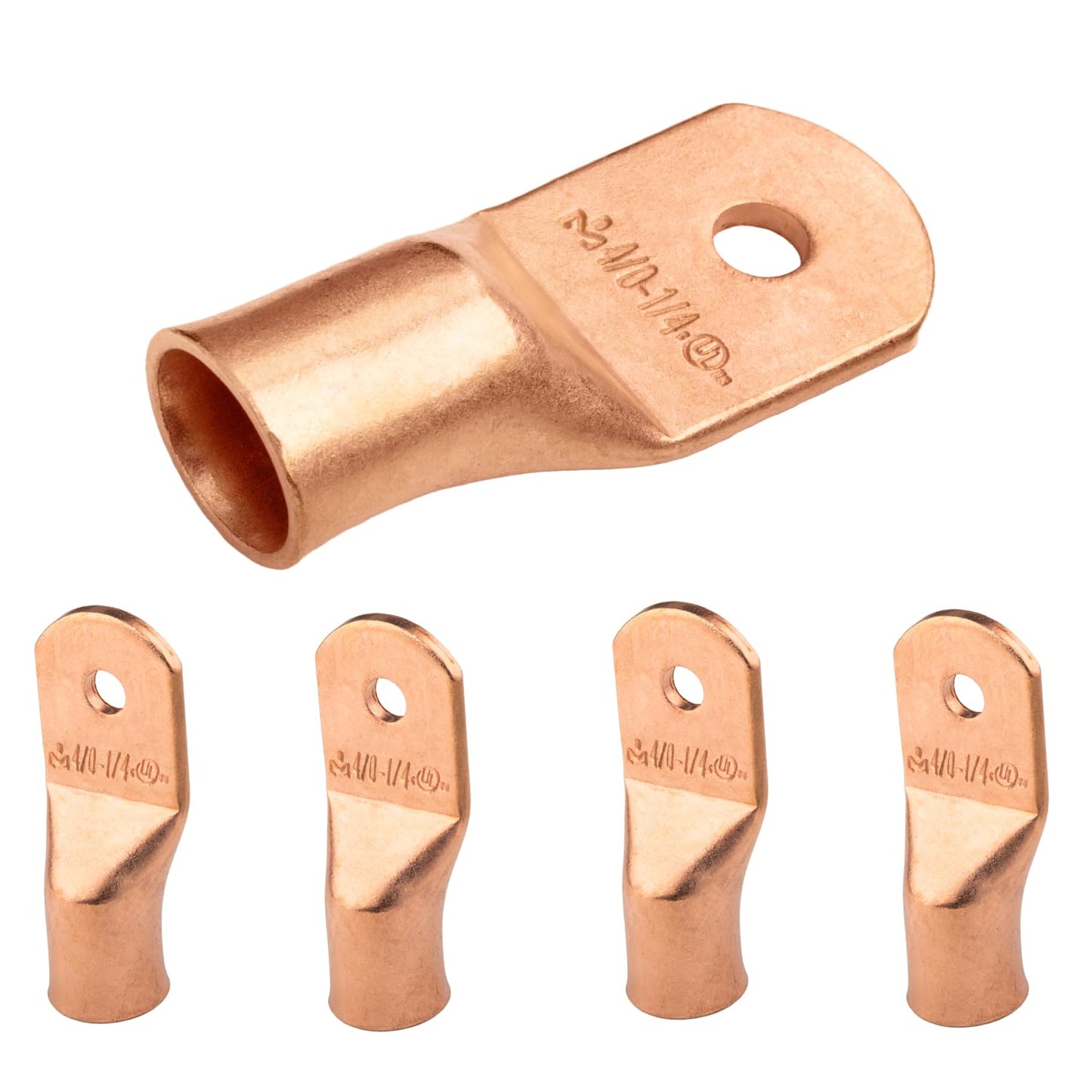 4/0 AWG (0000 Gauge) 1/4" Stud, Bare Copper Battery Cable Ends, Wire Lugs, Heavy Duty, MD4014U