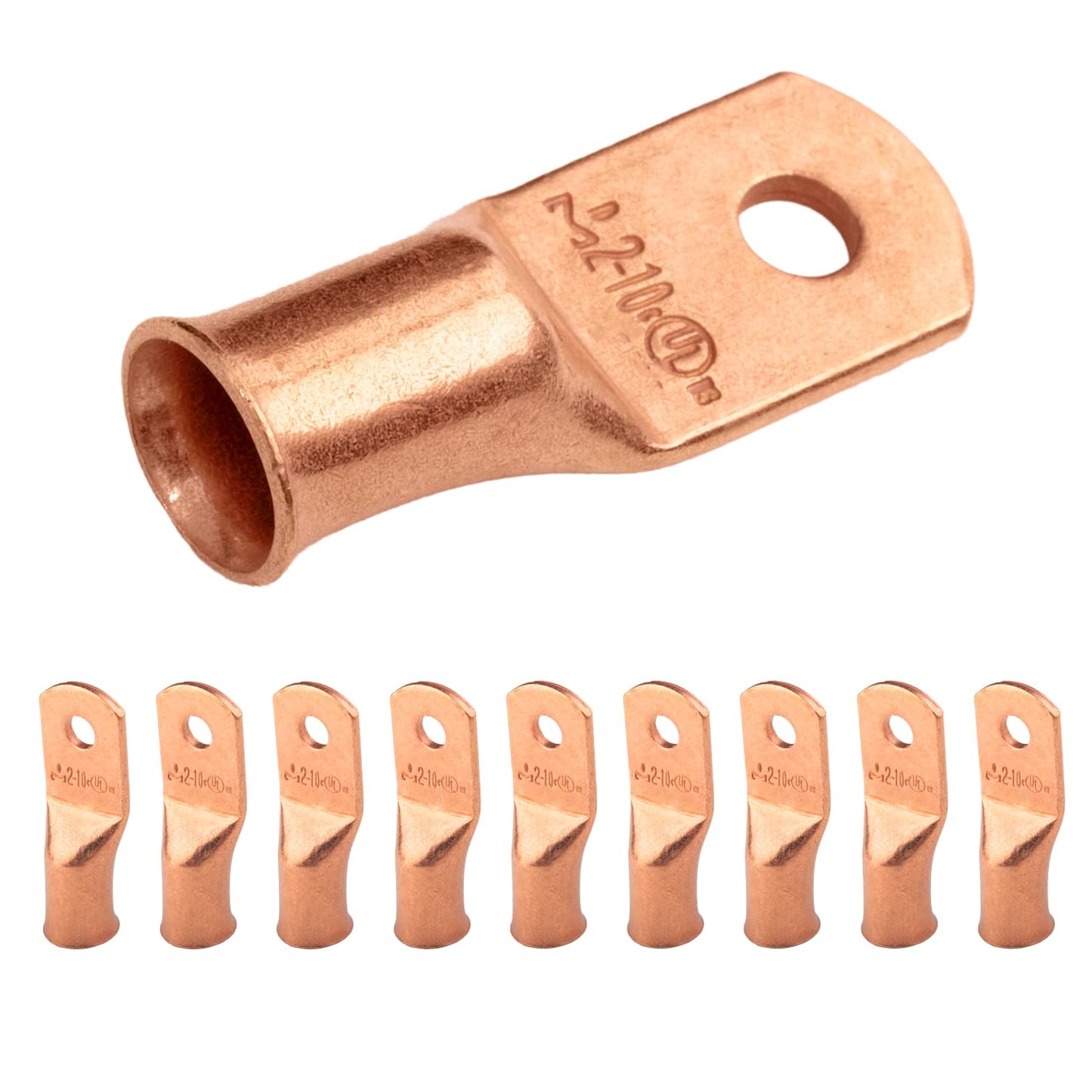 2 AWG (2 Gauge) #10 Stud, Bare Copper Battery Cable Ends, Wire Lugs, Heavy Duty, MD0210U