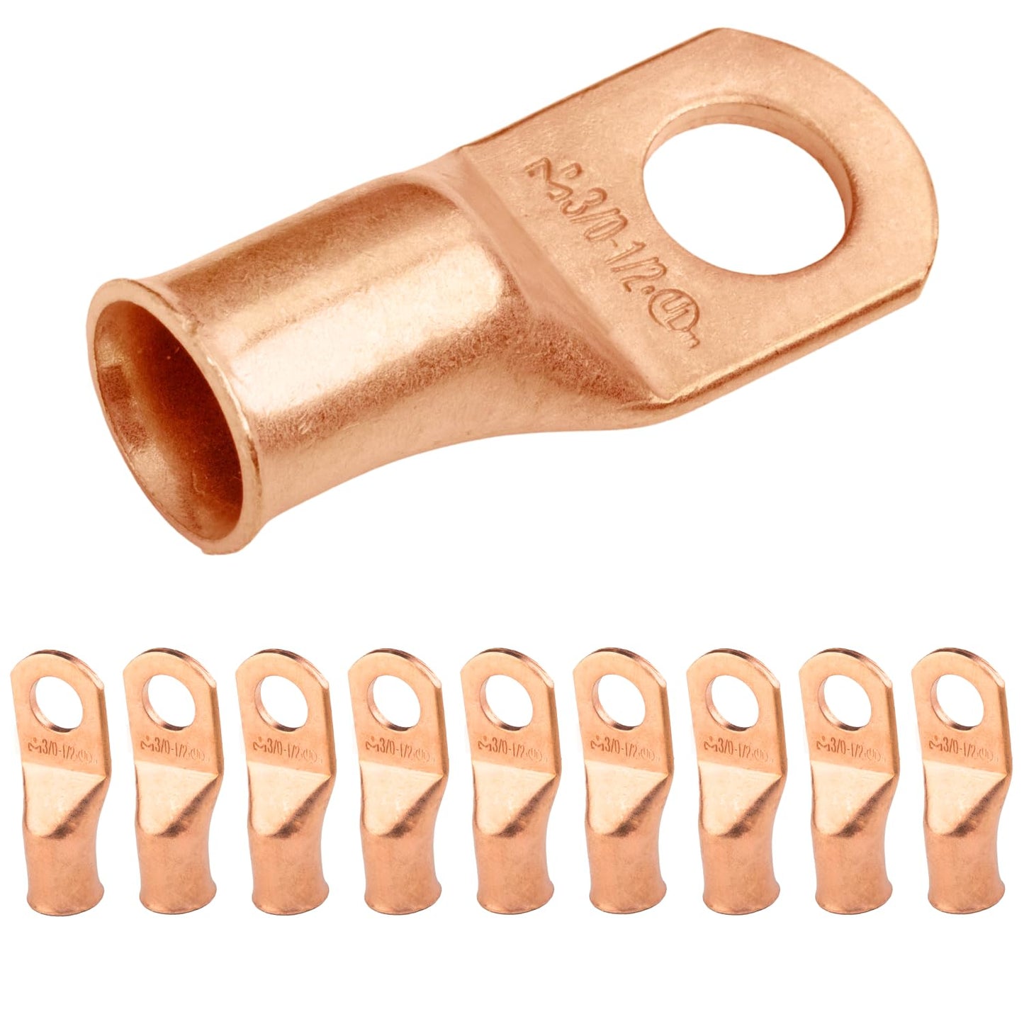 3/0 AWG (000 Gauge) 1/2" Stud, Bare Copper Battery Cable Ends, Wire Lugs, Heavy Duty, MD3012U
