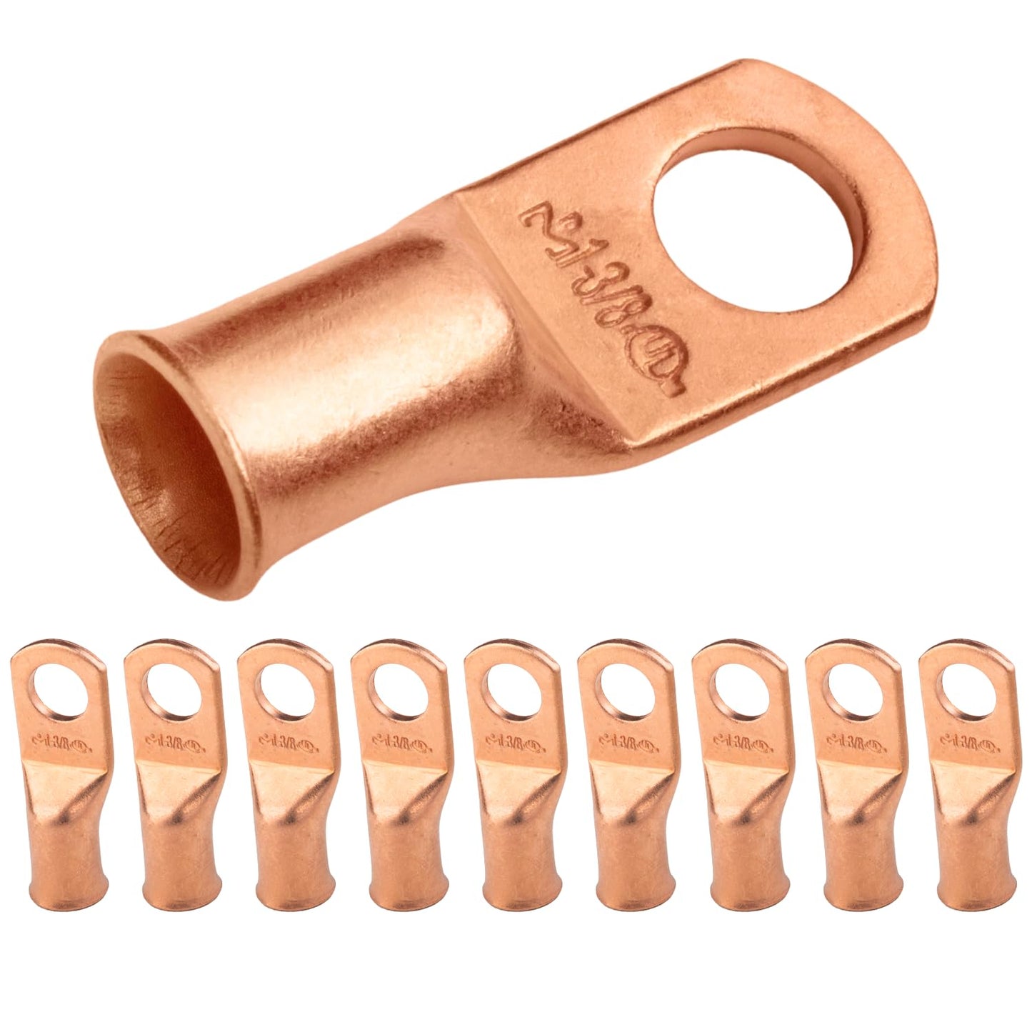 1AWG (1 Gauge) 3/8" Stud, Bare Copper Battery Cable Ends, Wire Lugs, Heavy Duty, MD0138U