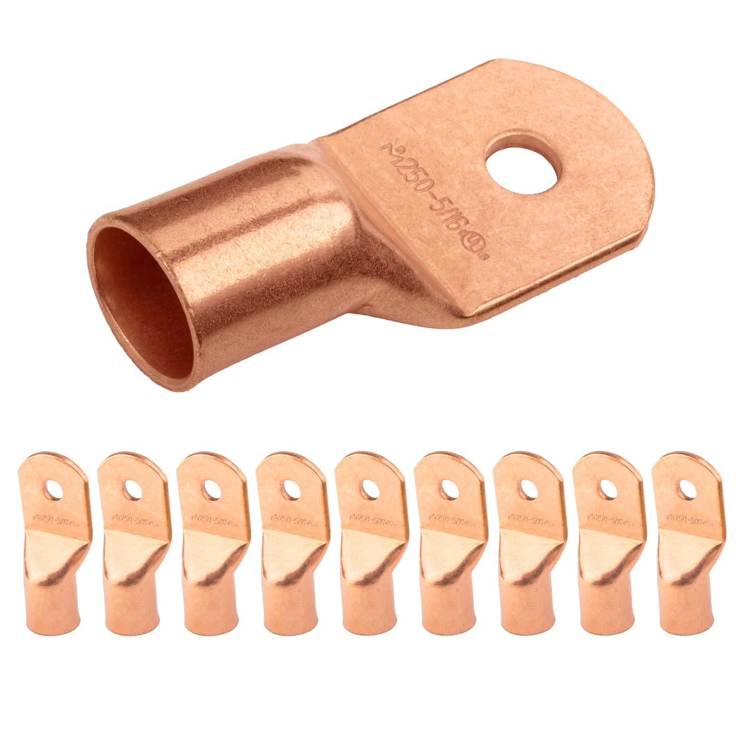 250 MCM, 5/16" Stud, Bare Copper Battery Cable Ends, Wire Lugs, Heavy Duty, MD25056U