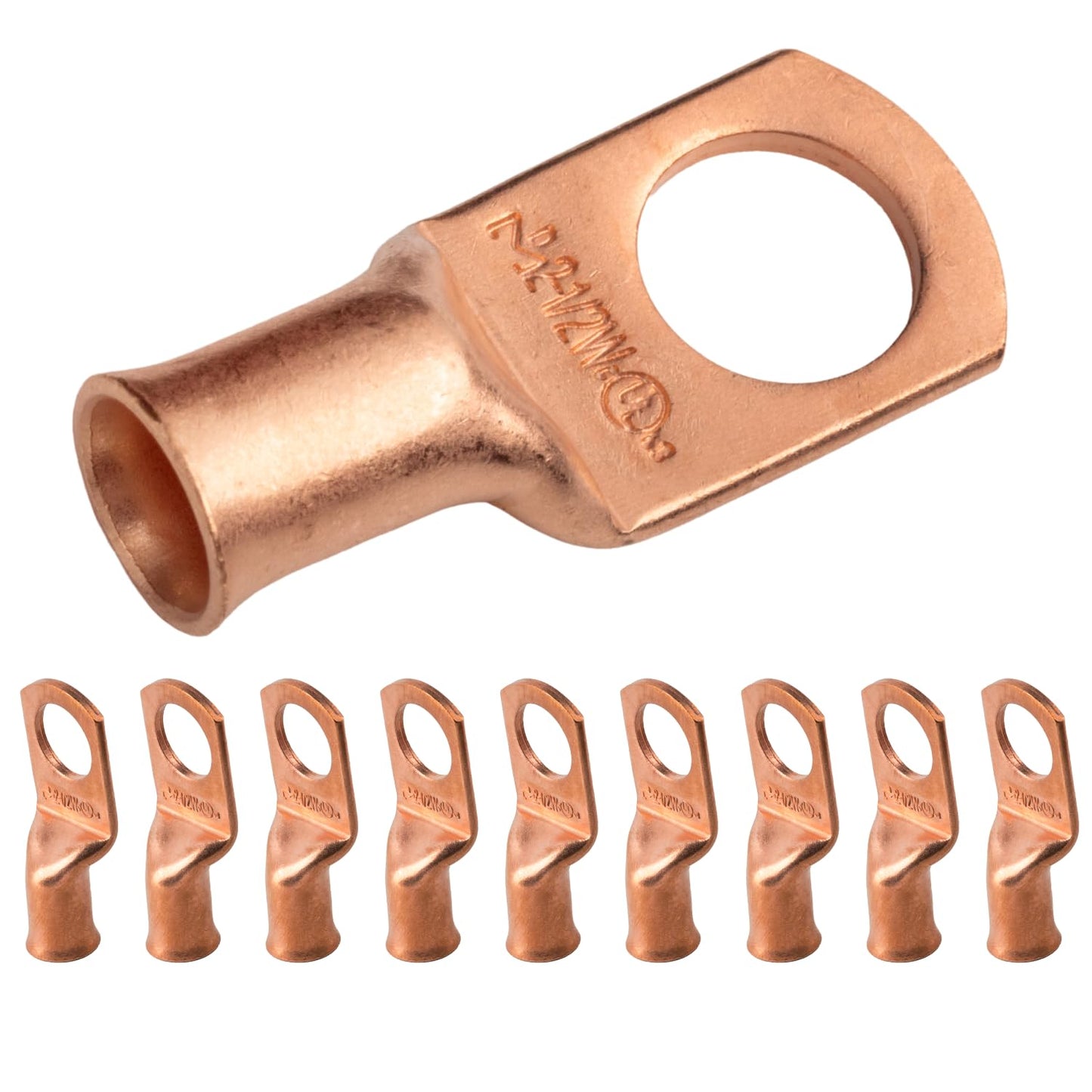 2 AWG (2 Gauge) 1/2" Stud, Bare Copper Battery Cable Ends, Wire Lugs, Heavy Duty, MD0212UW