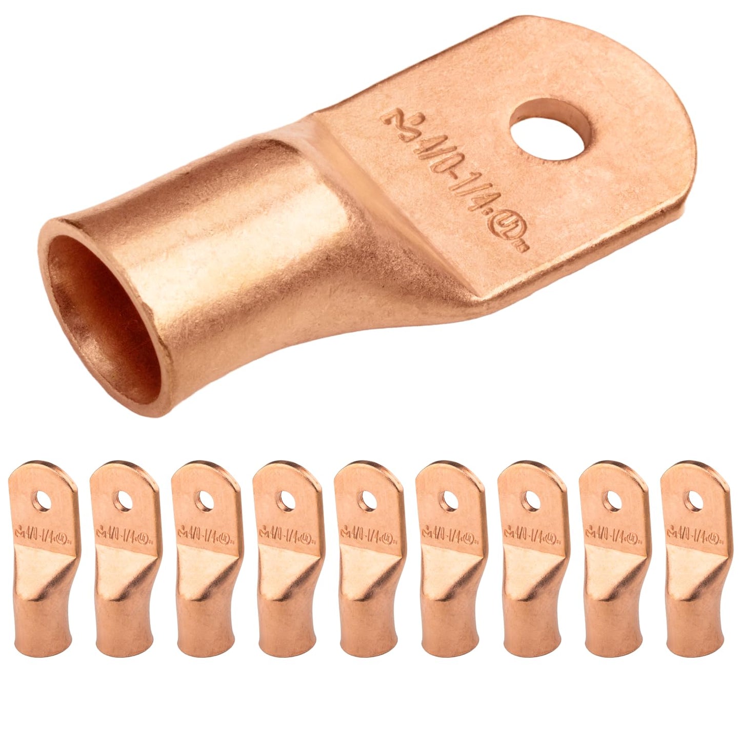 4/0 AWG (0000 Gauge) 1/4" Stud, Bare Copper Battery Cable Ends, Wire Lugs, Heavy Duty, MD4014U