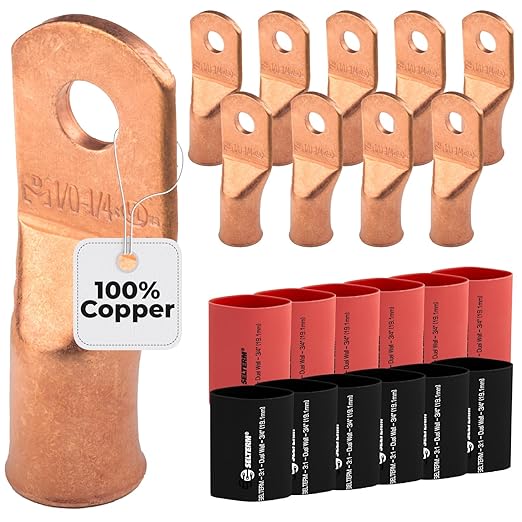 1/0 AWG (0 Gauge) 1/4" Stud, Bare Copper Battery Cable Ends, Wire Lugs, Heavy Duty, MD1014U