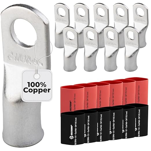 1/0 AWG (0 Gauge) 3/8" Stud, Tinned Copper Battery Cable Ends, Wire Lugs, Marine Grade, MD1038P