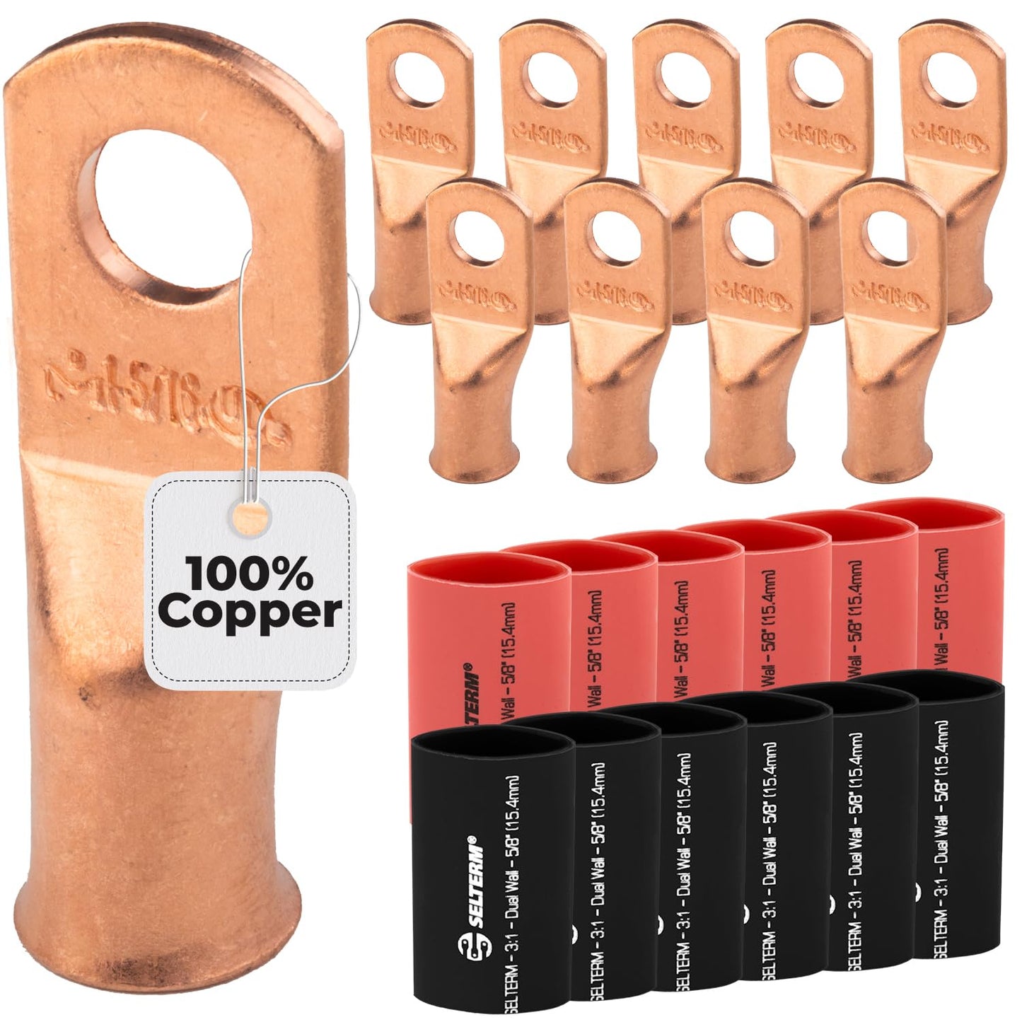 1AWG (1 Gauge) 5/16" Stud, Bare Copper Battery Cable Ends, Wire Lugs, Heavy Duty, MD0156U