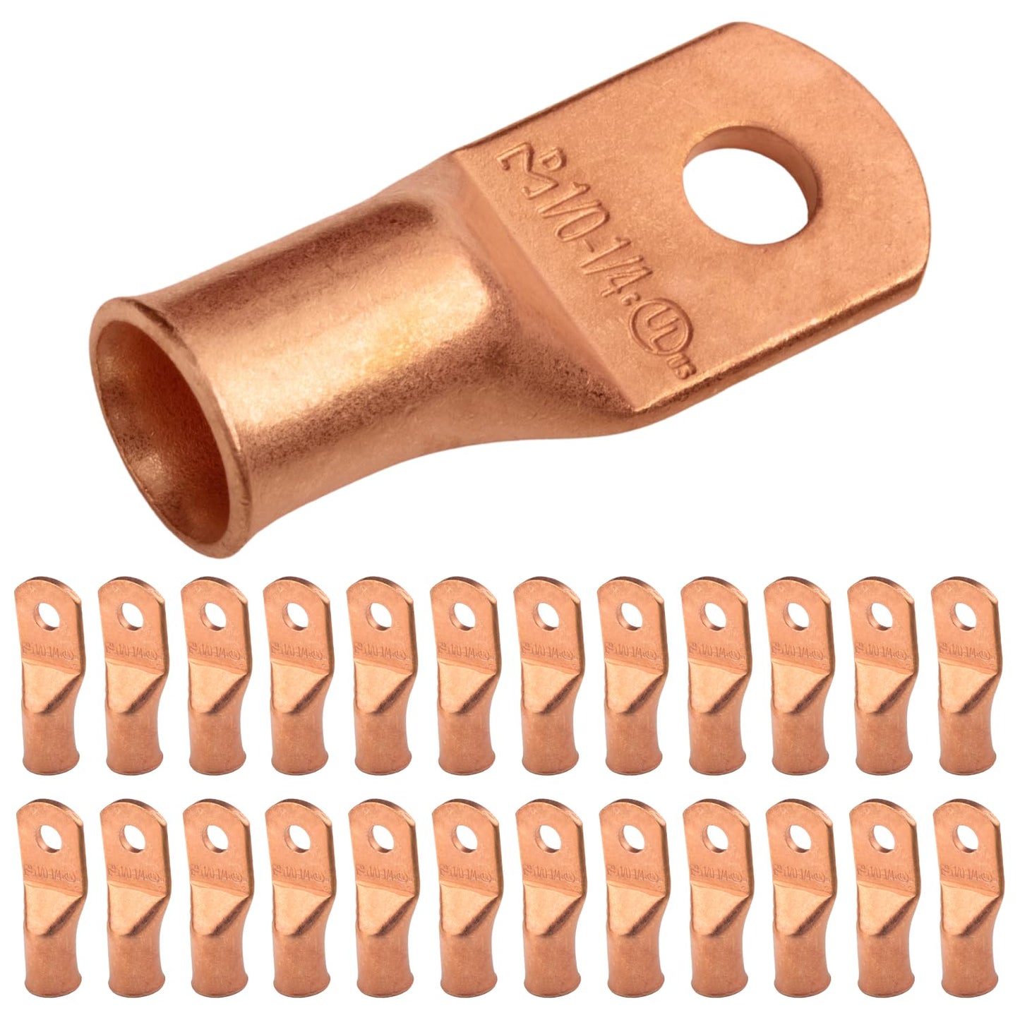 1/0 AWG (0 Gauge) 1/4" Stud, Bare Copper Battery Cable Ends, Wire Lugs, Heavy Duty, MD1014U