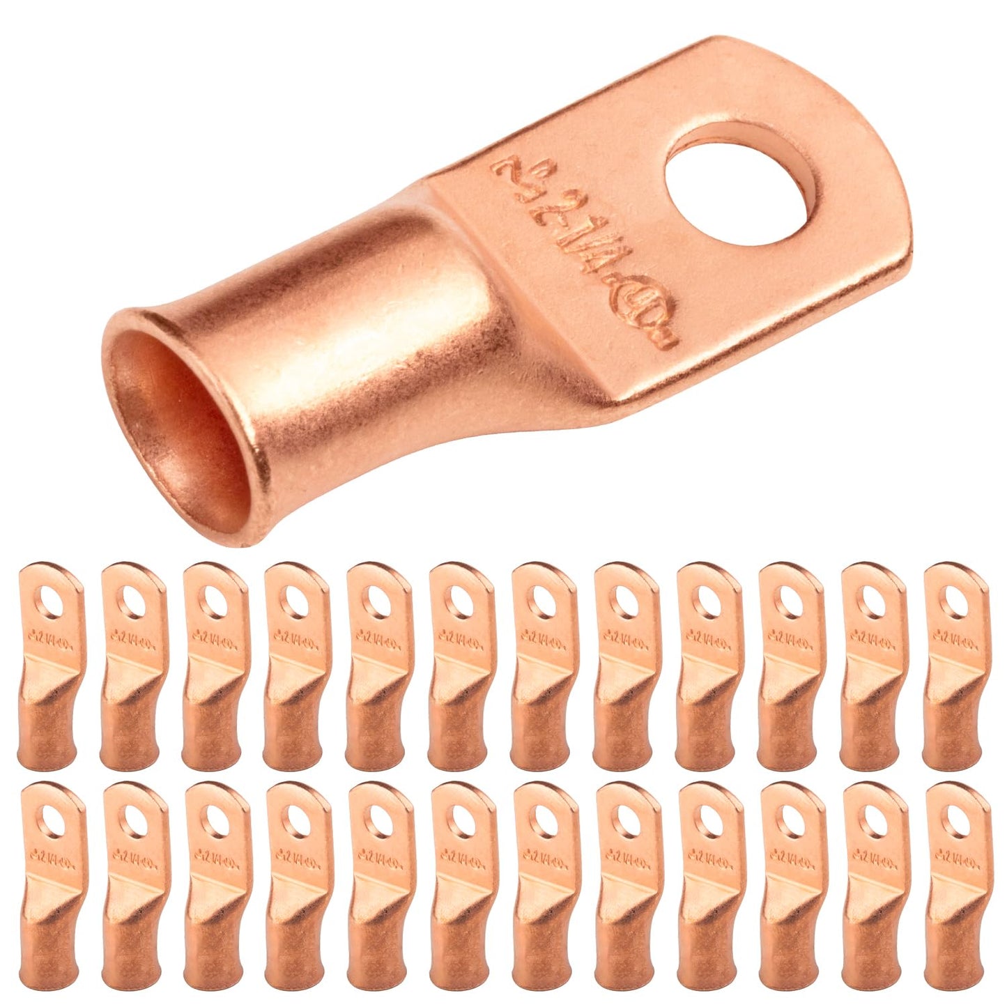2 AWG (2 Gauge) 1/4" Stud, Bare Copper Battery Cable Ends, Wire Lugs, Heavy Duty, MD0214U