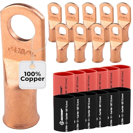 1AWG (1 Gauge) 3/8" Stud, Bare Copper Battery Cable Ends, Wire Lugs, Heavy Duty, MD0138U