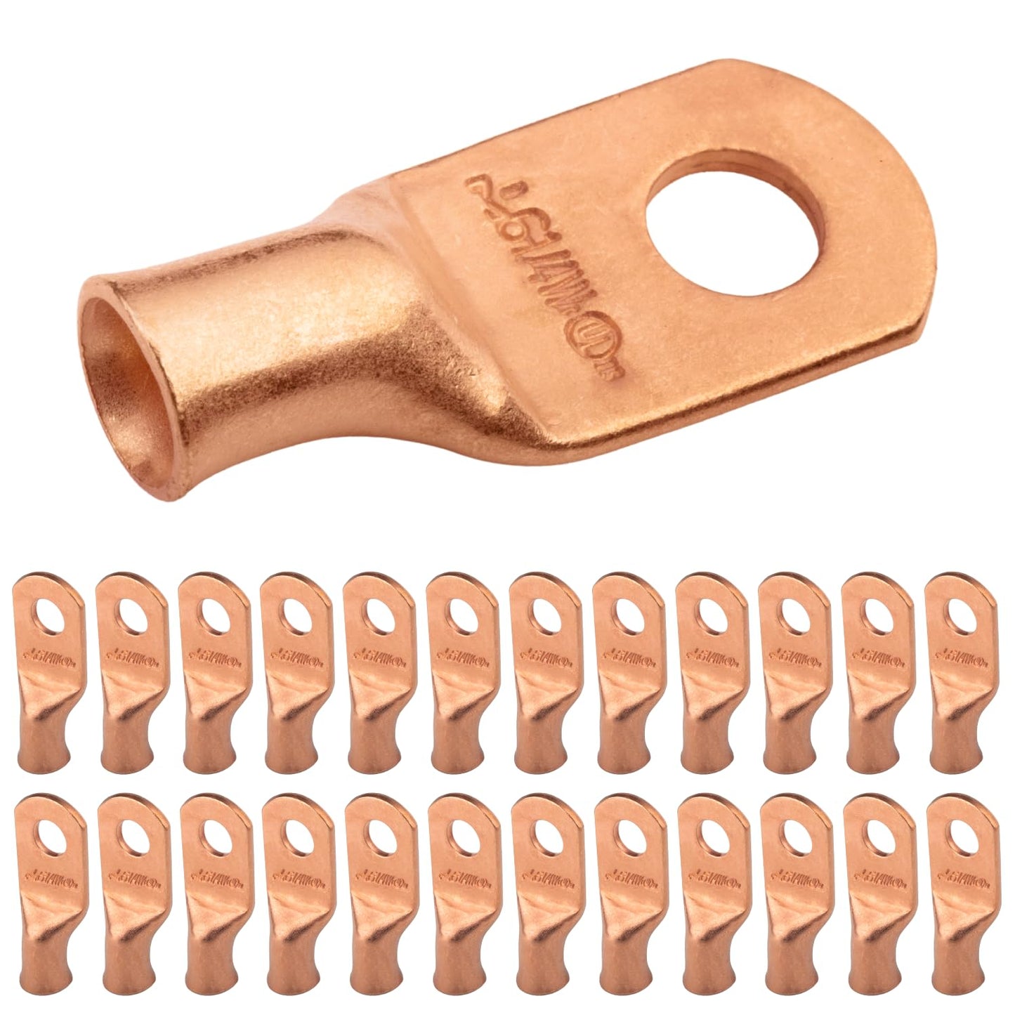 6 AWG (6 Gauge) 1/4" Stud, (Wide Pad) Bare Copper Battery Cable Ends, Wire Lugs, Heavy Duty, MD0614UW