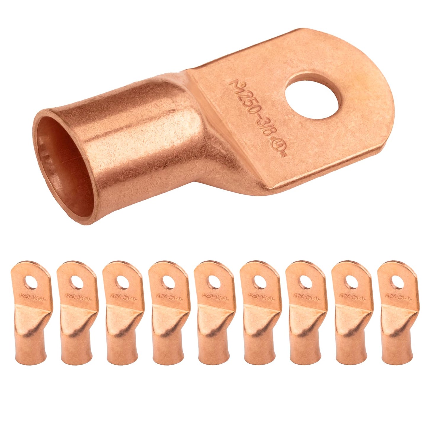 250 MCM, 3/8" Stud, Bare Copper Battery Cable Ends, Wire Lugs, Heavy Duty, MD25038U