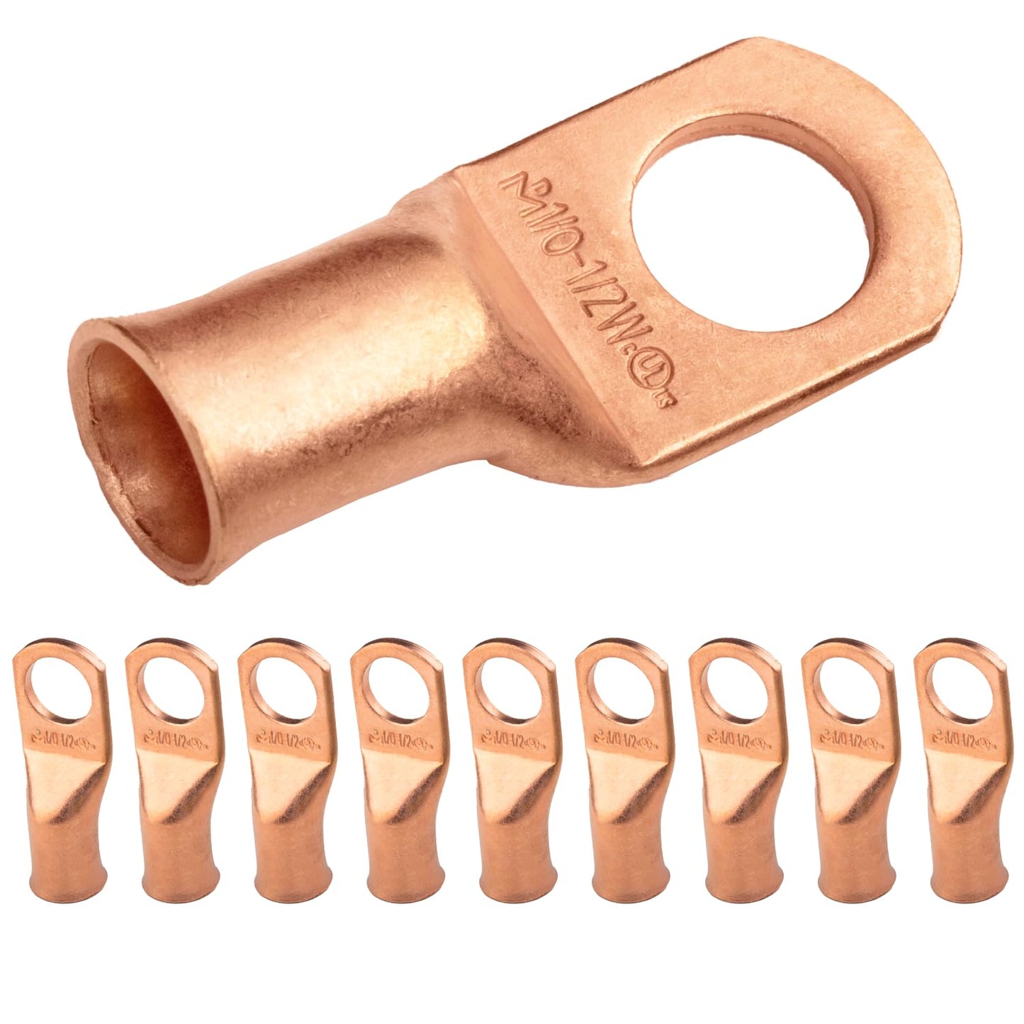 1/0 AWG (0 Gauge) 1/2" Stud, (Wide Pad) Bare Copper Battery Cable Ends, Wire Lugs, Heavy Duty, MD1012UW