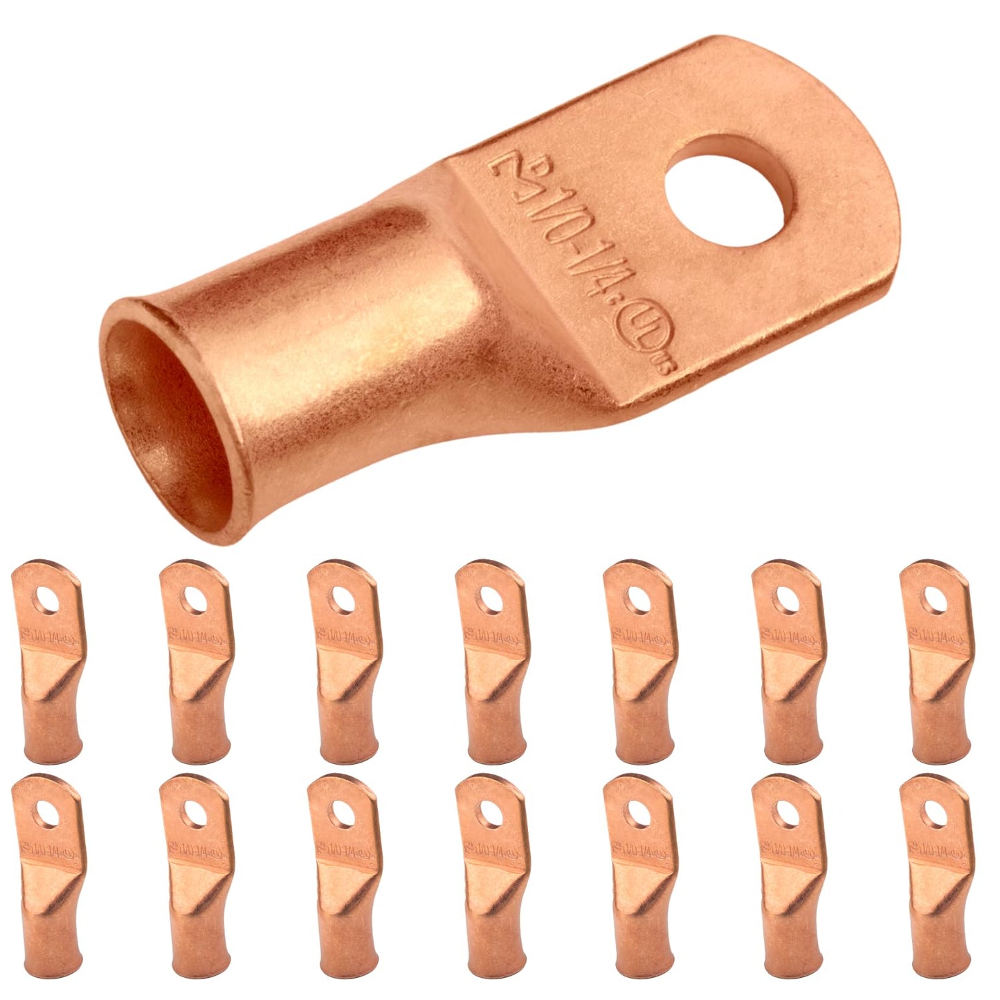 1/0 AWG (0 Gauge) 1/4" Stud, Bare Copper Battery Cable Ends, Wire Lugs, Heavy Duty, MD1014U