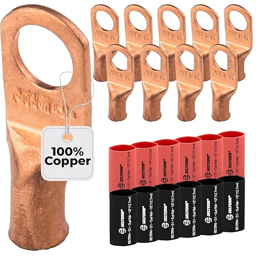 6 AWG (6 Gauge) 3/8" Stud, Bare Copper Battery Cable Ends, Wire Lugs, Heavy Duty, MD0638UW