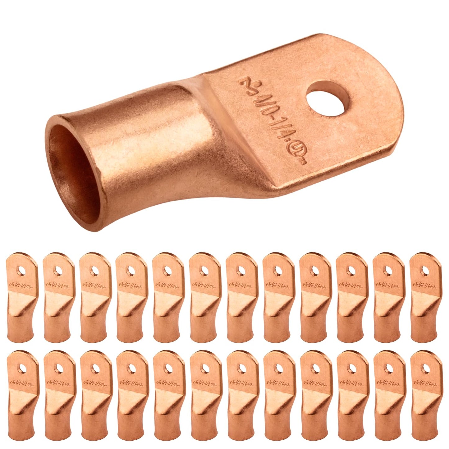 4/0 AWG (0000 Gauge) 1/4" Stud, Bare Copper Battery Cable Ends, Wire Lugs, Heavy Duty, MD4014U