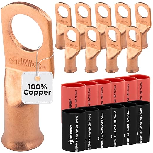 1AWG (1 Gauge) 1/2" Stud, Bare Copper Battery Cable Ends, Wire Lugs, Heavy Duty, MD0112UW