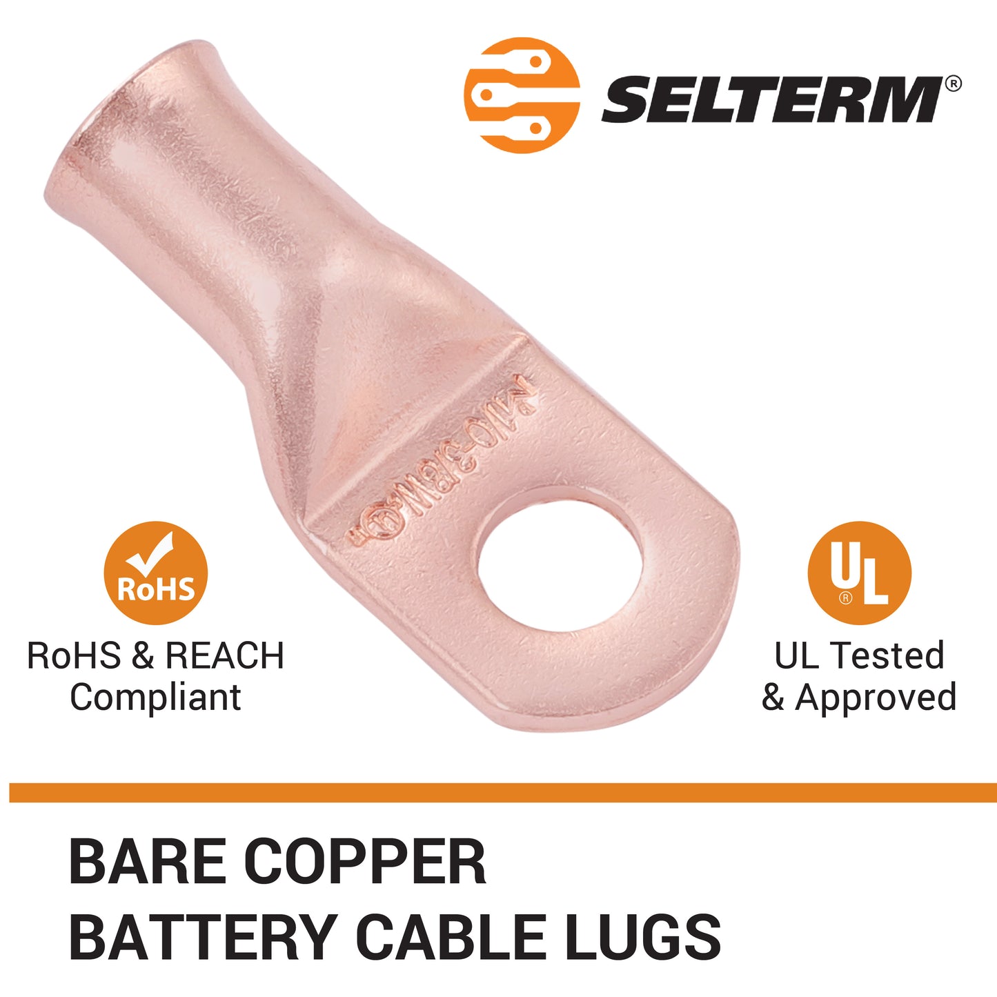 1/0 AWG (0 Gauge) 3/8" Stud, (Wide Pad) Bare Copper Battery Cable Ends, Wire Lugs, Heavy Duty, MD1038UW