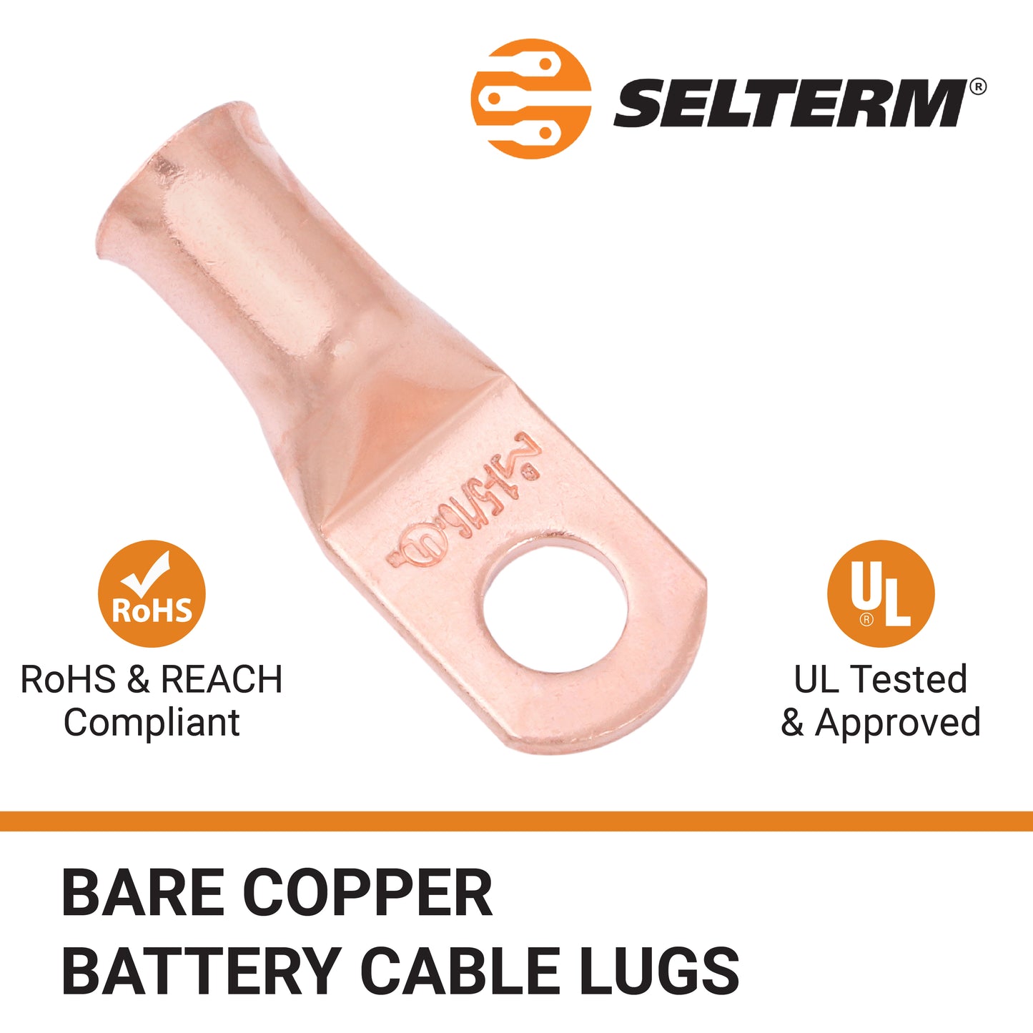 1AWG (1 Gauge) 5/16" Stud, Bare Copper Battery Cable Ends, Wire Lugs, Heavy Duty, MD0156U