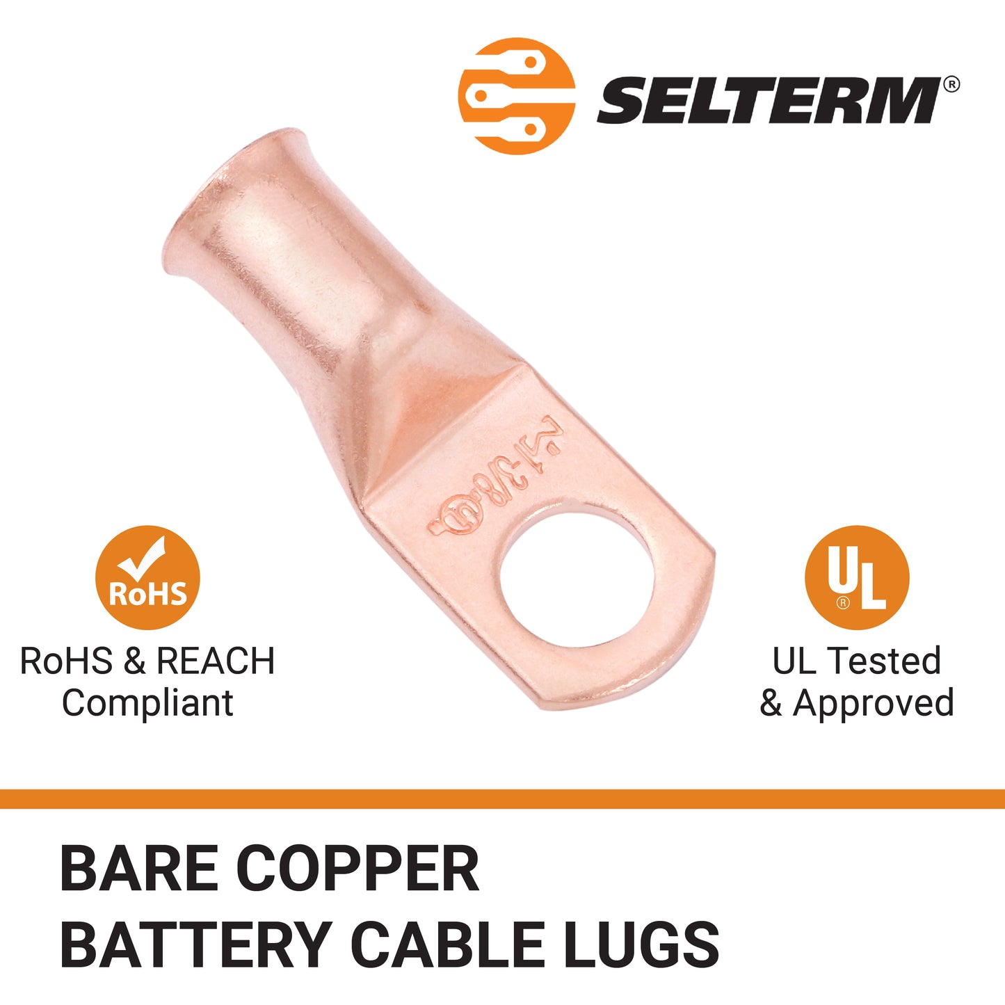 1AWG (1 Gauge) 3/8" Stud, Bare Copper Battery Cable Ends, Wire Lugs, Heavy Duty, MD0138U