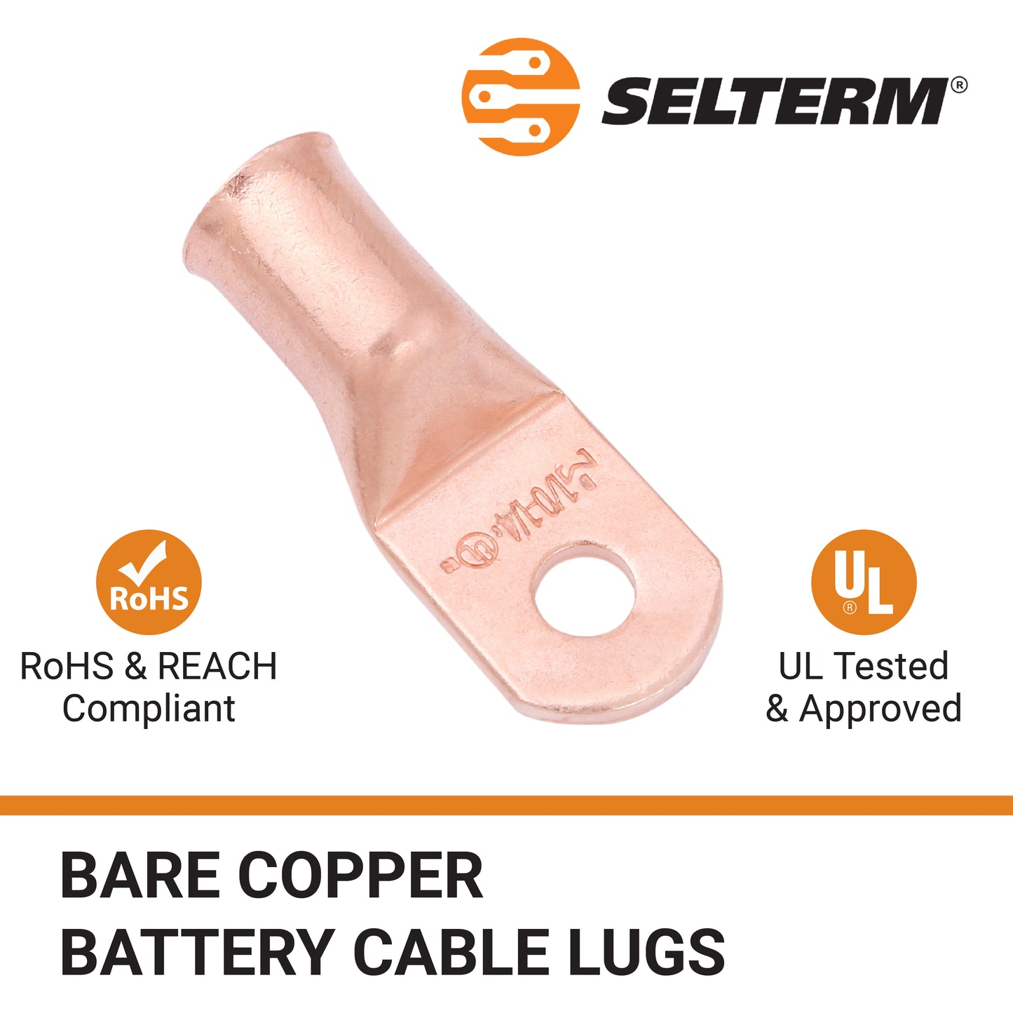 1/0 AWG (0 Gauge) 1/4" Stud, Bare Copper Battery Cable Ends, Wire Lugs, Heavy Duty, MD1014U