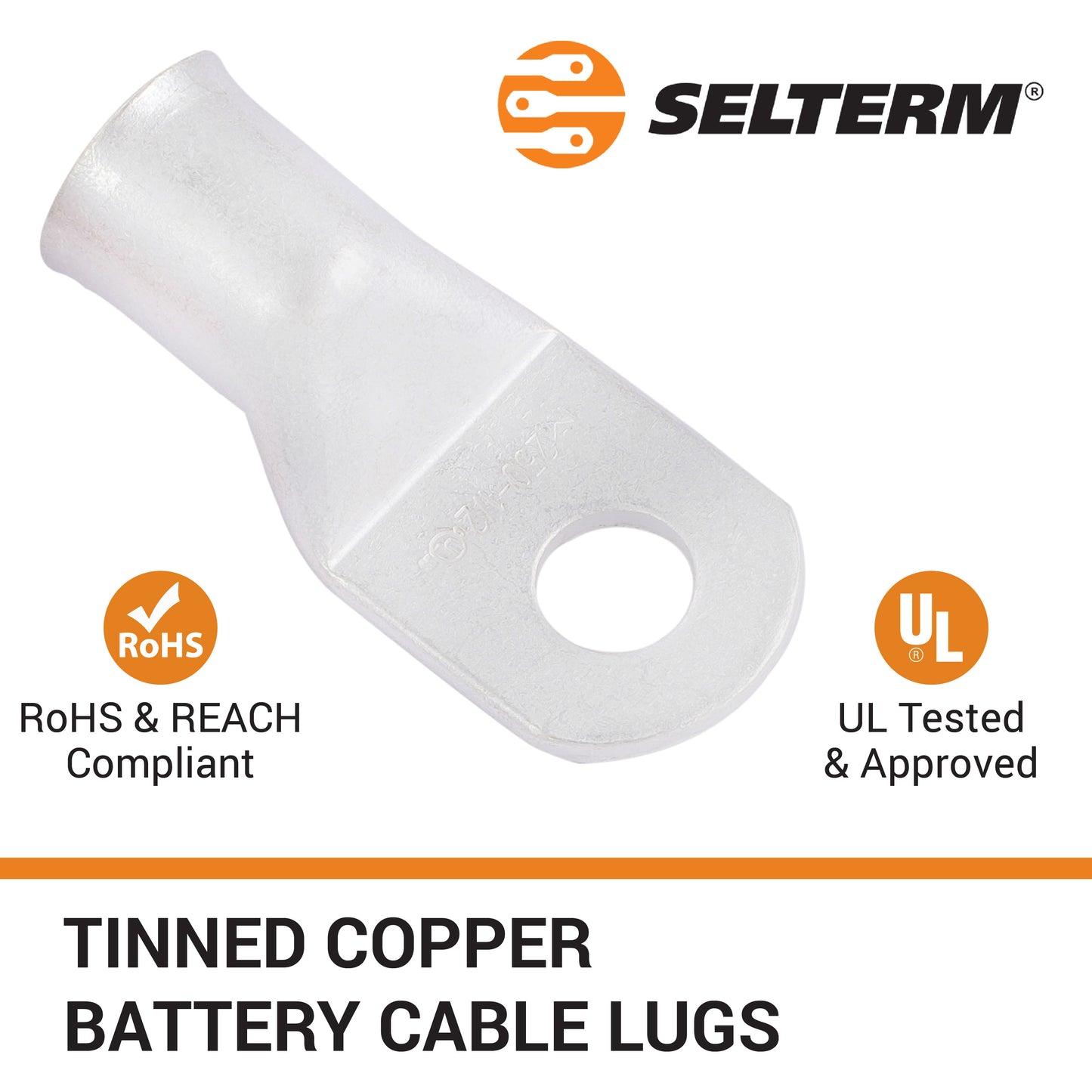 250 MCM, 1/2" Stud, Tinned Copper Battery Cable Ends, Wire Lugs, Marine Grade, MD25012P