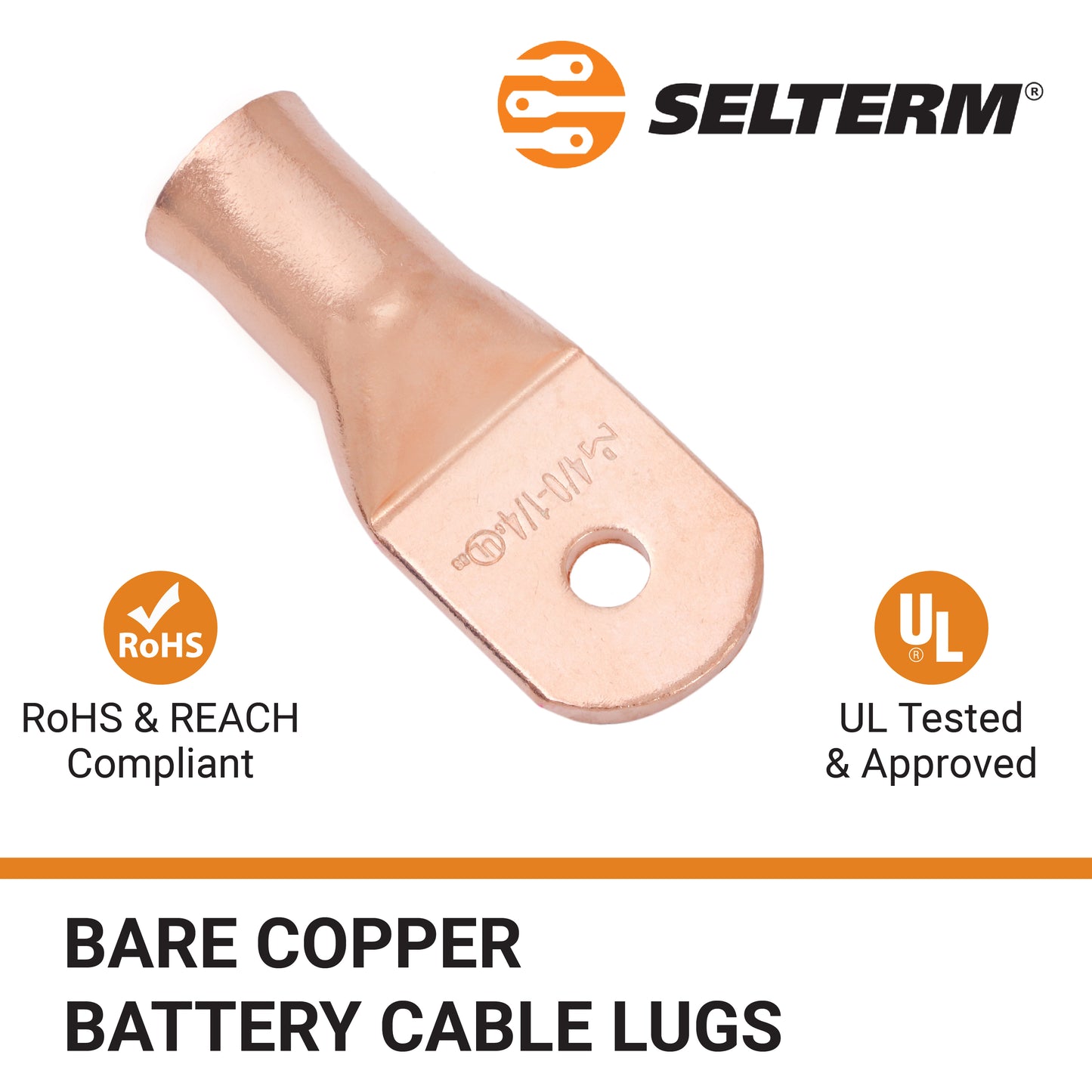 4/0 AWG (0000 Gauge) 1/4" Stud, Bare Copper Battery Cable Ends, Wire Lugs, Heavy Duty, MD4014U