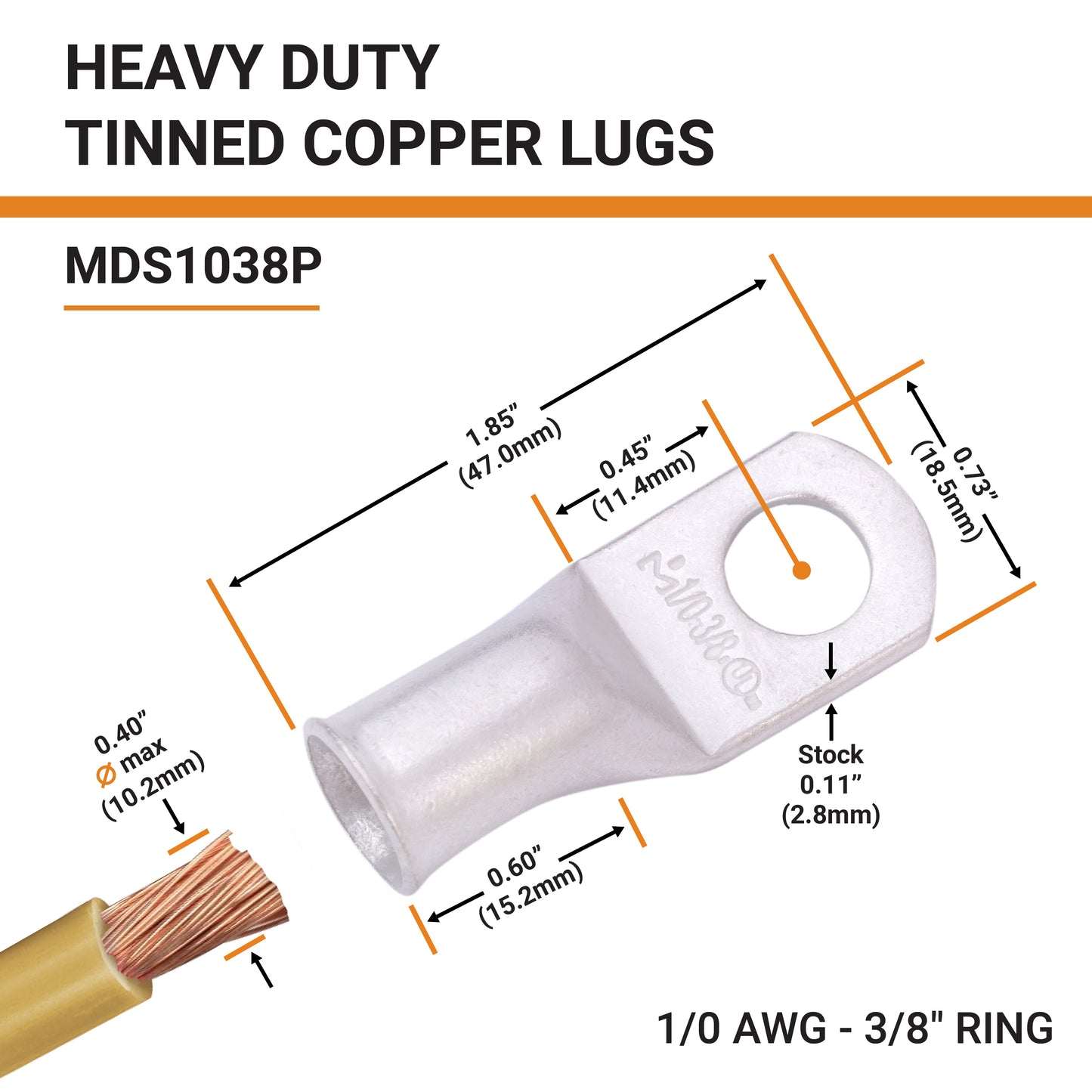 1/0 AWG (0 Gauge) 3/8" Stud, Tinned Copper Battery Cable Ends, Wire Lugs, Marine Grade, MD1038P