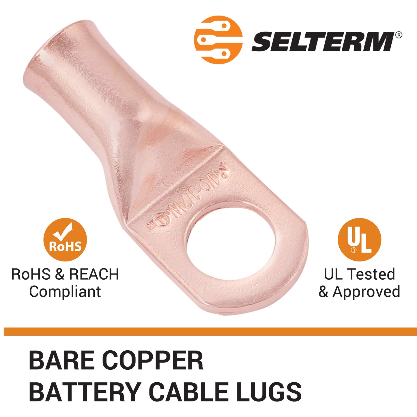 1/0 AWG (0 Gauge) 1/2" Stud, (Wide Pad) Bare Copper Battery Cable Ends, Wire Lugs, Heavy Duty, MD1012UW
