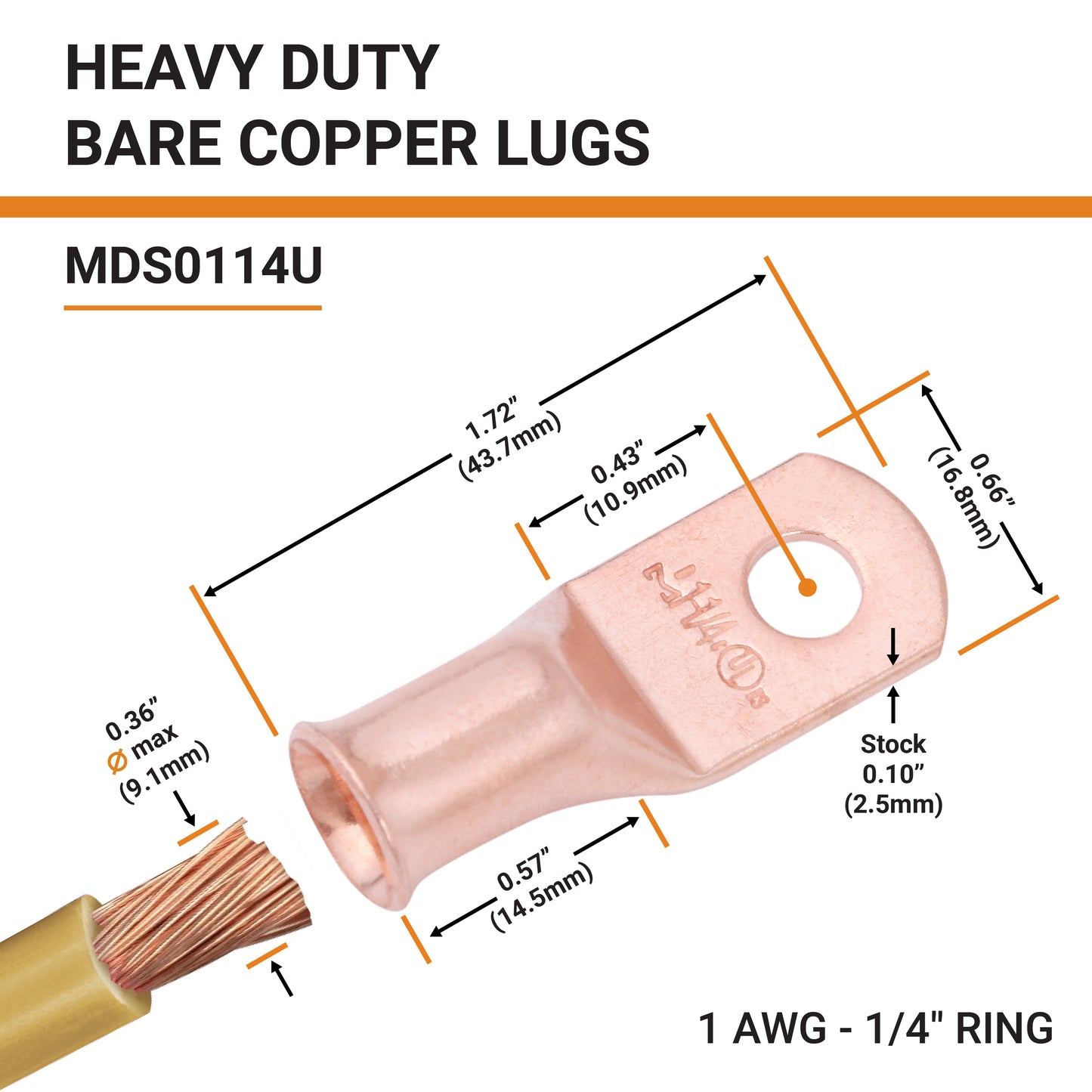 1AWG (1 Gauge) 1/4" Stud, Bare Copper Battery Cable Ends, Wire Lugs, Heavy Duty, MD0114U