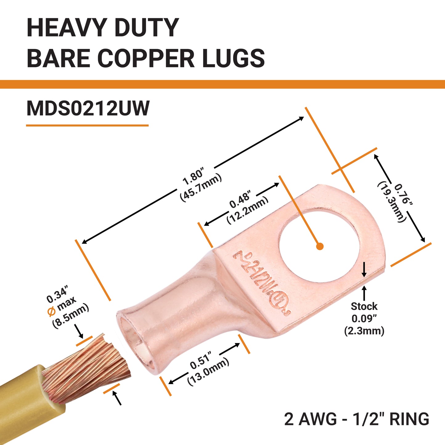 2 AWG (2 Gauge) 1/2" Stud, Bare Copper Battery Cable Ends, Wire Lugs, Heavy Duty, MD0212UW