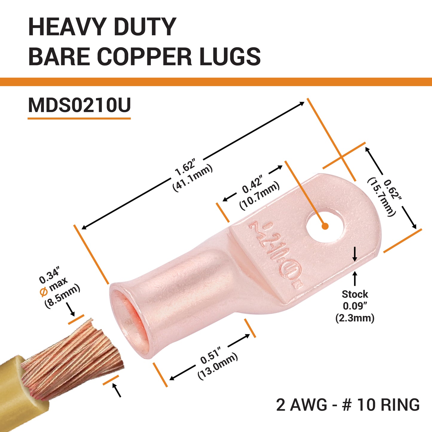 2 AWG (2 Gauge) #10 Stud, Bare Copper Battery Cable Ends, Wire Lugs, Heavy Duty, MD0210U
