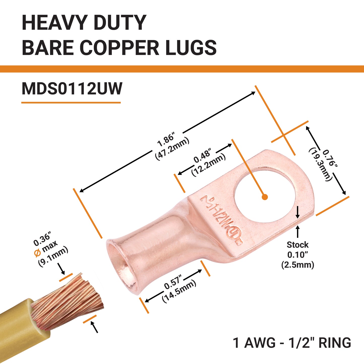 1AWG (1 Gauge) 1/2" Stud, Bare Copper Battery Cable Ends, Wire Lugs, Heavy Duty, MD0112UW