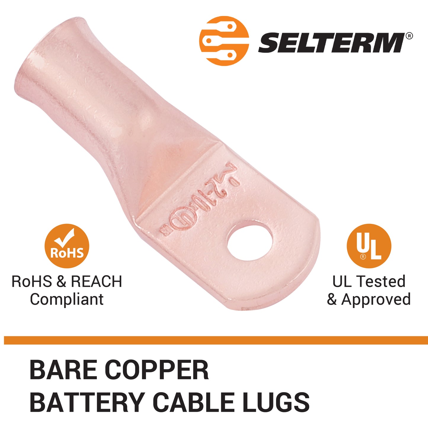 2 AWG (2 Gauge) #10 Stud, Bare Copper Battery Cable Ends, Wire Lugs, Heavy Duty, MD0210U