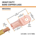 2/0 AWG, 5/16" Stud, Bare Copper Battery Cable Ends, Wire Lugs, Heavy Duty, MD2056U - 2