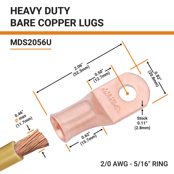 2/0 AWG, 5/16" Stud, Bare Copper Battery Cable Ends, Wire Lugs, Heavy Duty, MD2056U - 2
