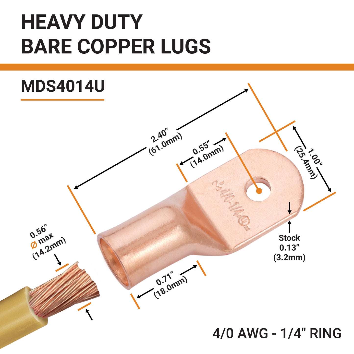 4/0 AWG (0000 Gauge) 1/4" Stud, Bare Copper Battery Cable Ends, Wire Lugs, Heavy Duty, MD4014U