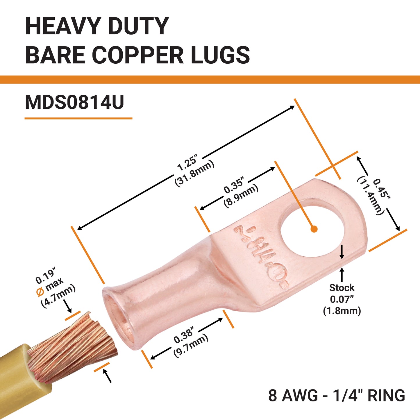 8 AWG (8 Gauge) 1/4" Stud, Bare Copper Battery Cable Ends, Wire Lugs, Heavy Duty, MD0814U