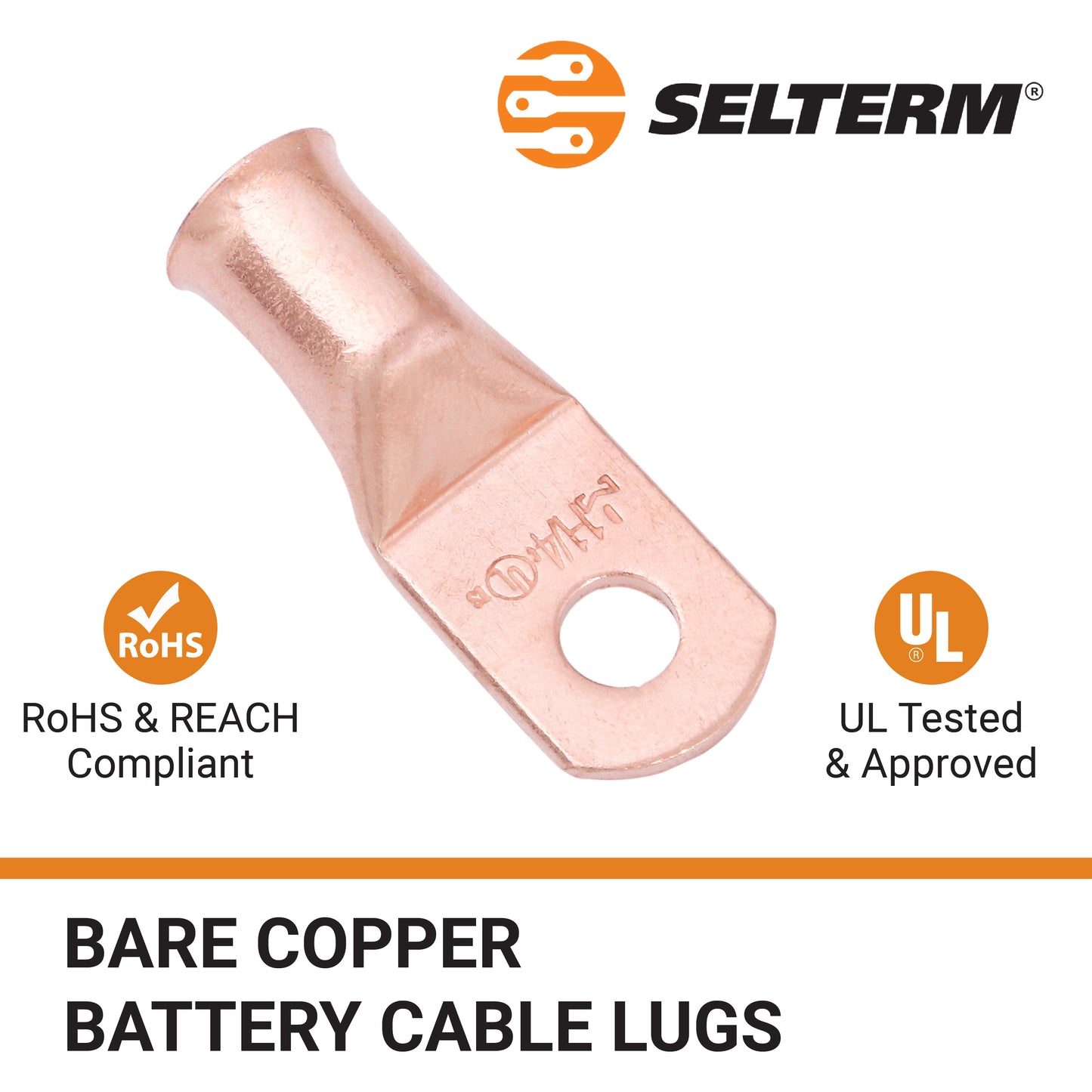 1AWG (1 Gauge) 1/4" Stud, Bare Copper Battery Cable Ends, Wire Lugs, Heavy Duty, MD0114U