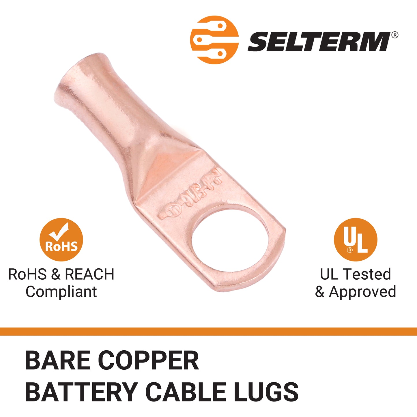 8 AWG (8 Gauge) 5/16" Stud, Bare Copper Battery Cable Ends, Wire Lugs, Heavy Duty, MD0856U