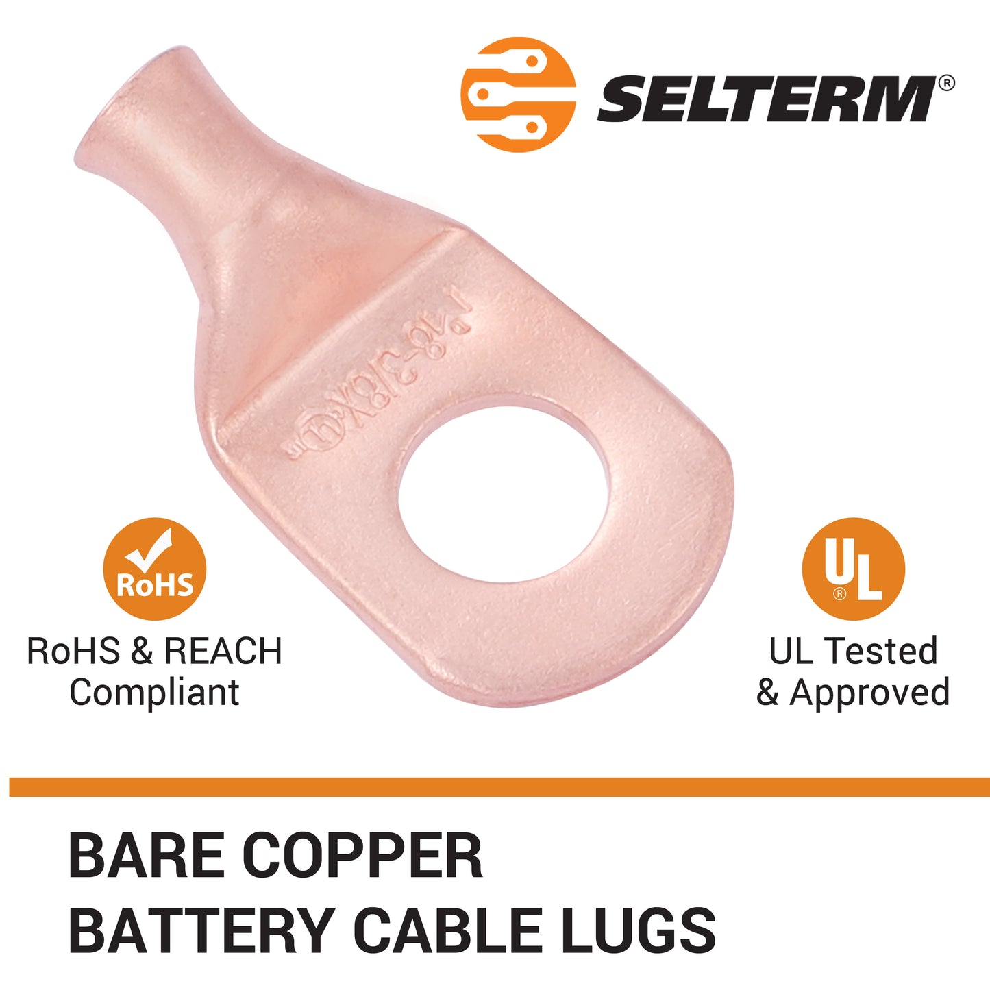 8 AWG (8 Gauge) 3/8" Stud, (Wide Pad) Bare Copper Battery Cable Ends, Wire Lugs, Heavy Duty, MD0838UX