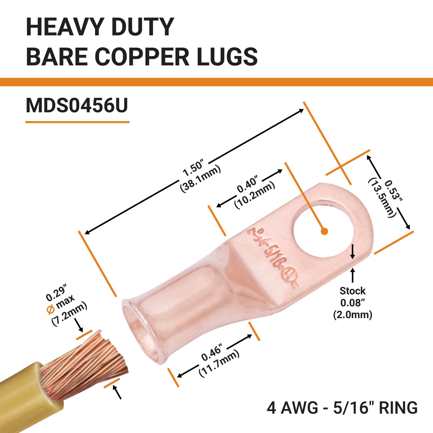 4 AWG (4 Gauge) 5/16" Stud, Bare Copper Battery Cable Ends, Wire Lugs, Heavy Duty, MD0456U