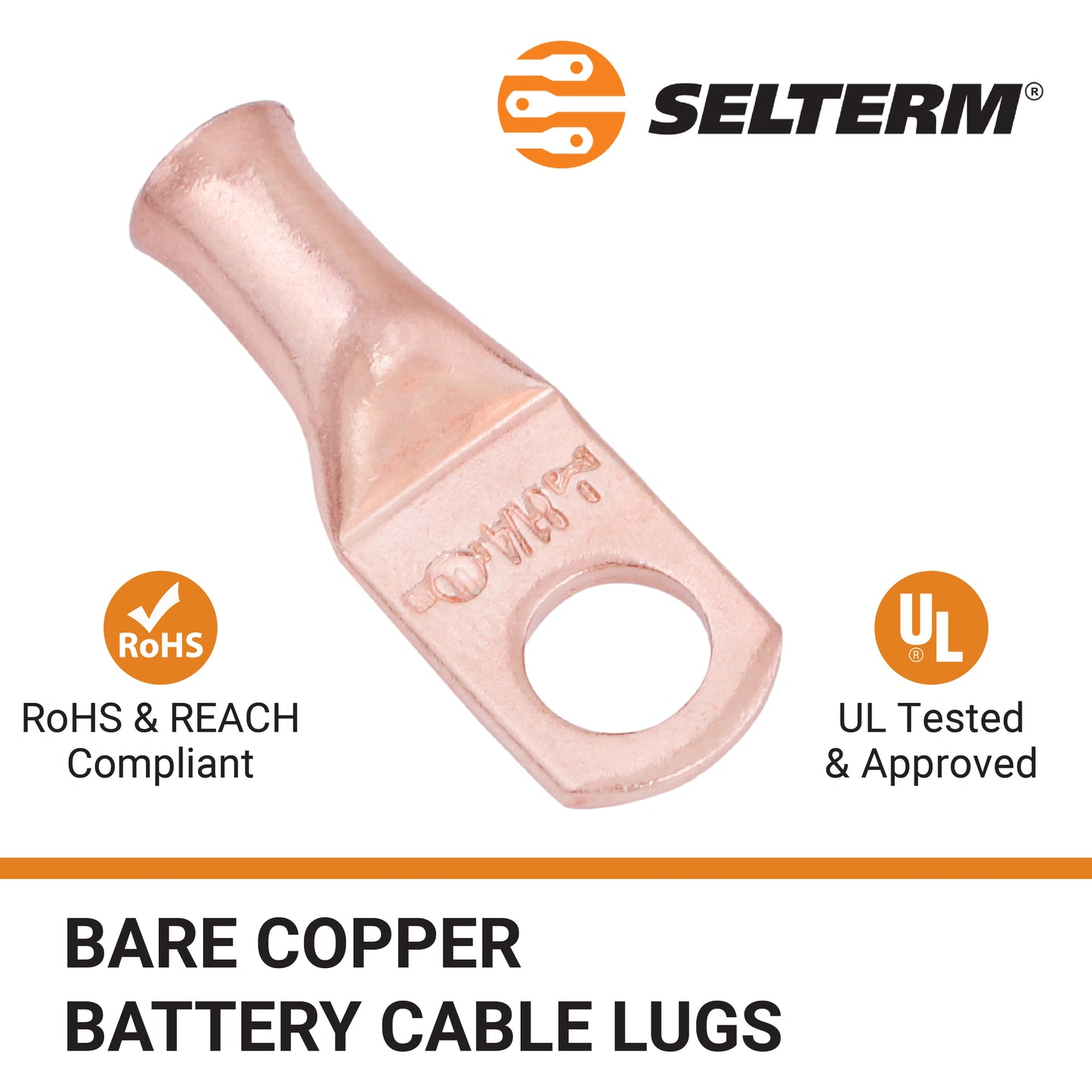 8 AWG (8 Gauge) 1/4" Stud, Bare Copper Battery Cable Ends, Wire Lugs, Heavy Duty, MD0814U