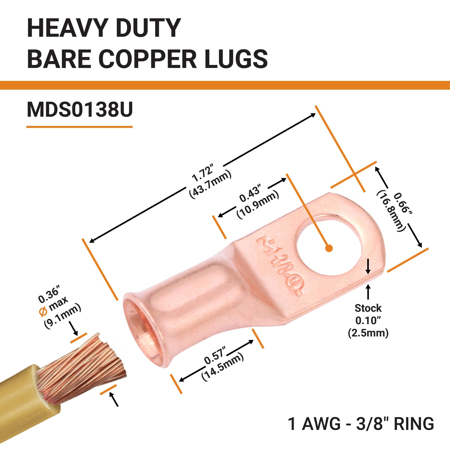 1AWG (1 Gauge) 3/8" Stud, Bare Copper Battery Cable Ends, Wire Lugs, Heavy Duty, MD0138U