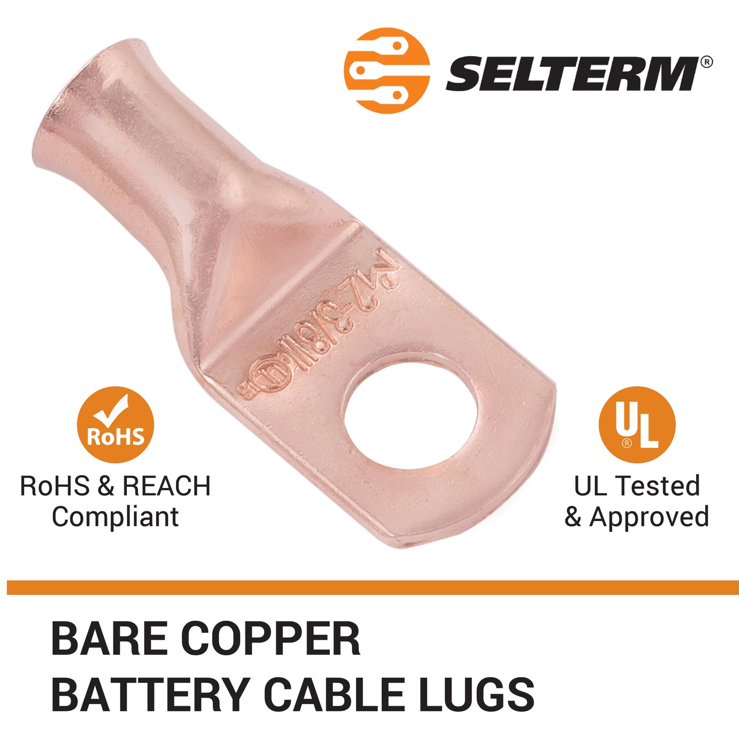 2 AWG (2 Gauge) 3/8" Stud, (Wide Pad) Bare Copper Battery Cable Ends, Wire Lugs, Heavy Duty, MD0238UW
