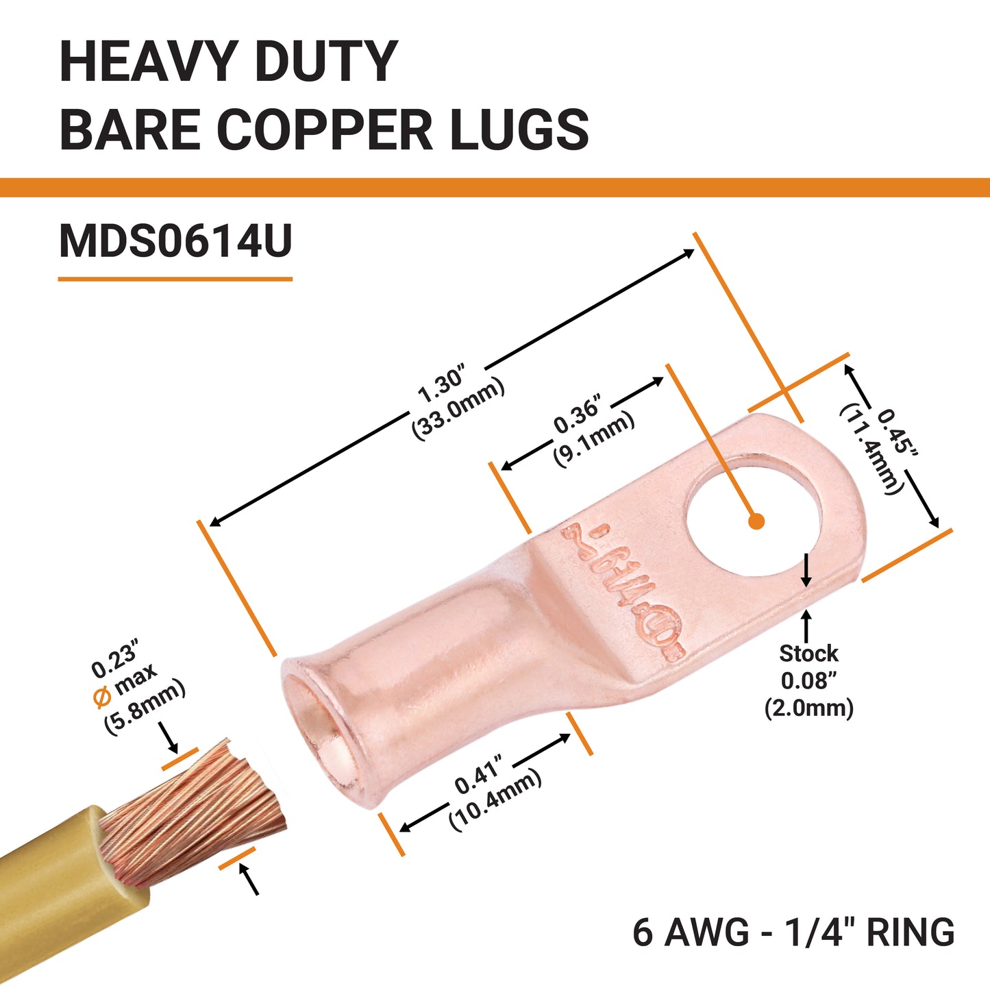 6 AWG (6 Gauge) 1/4" Stud, Bare Copper Battery Cable Ends, Wire Lugs, Heavy Duty, MD0614U